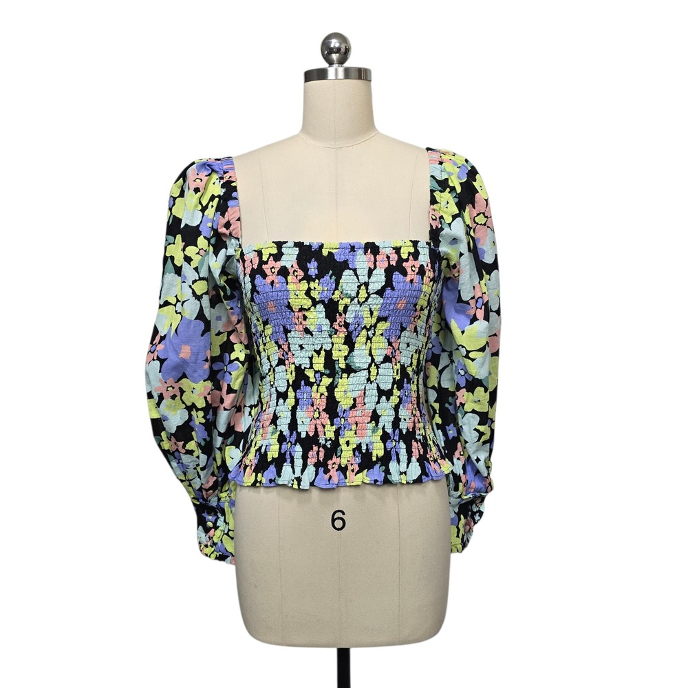 Free People Retro Combo Smocked Puff Sleeve Floral Square Neck Top Size Small